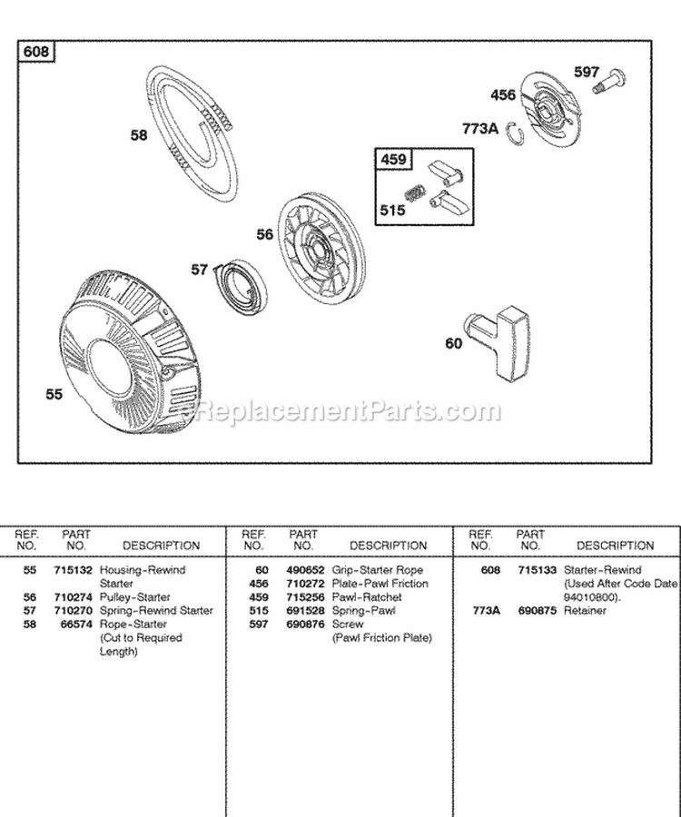 Rewind Starter Diagram and Parts List for 085432-0230-B1  Briggs and Stratton Engine